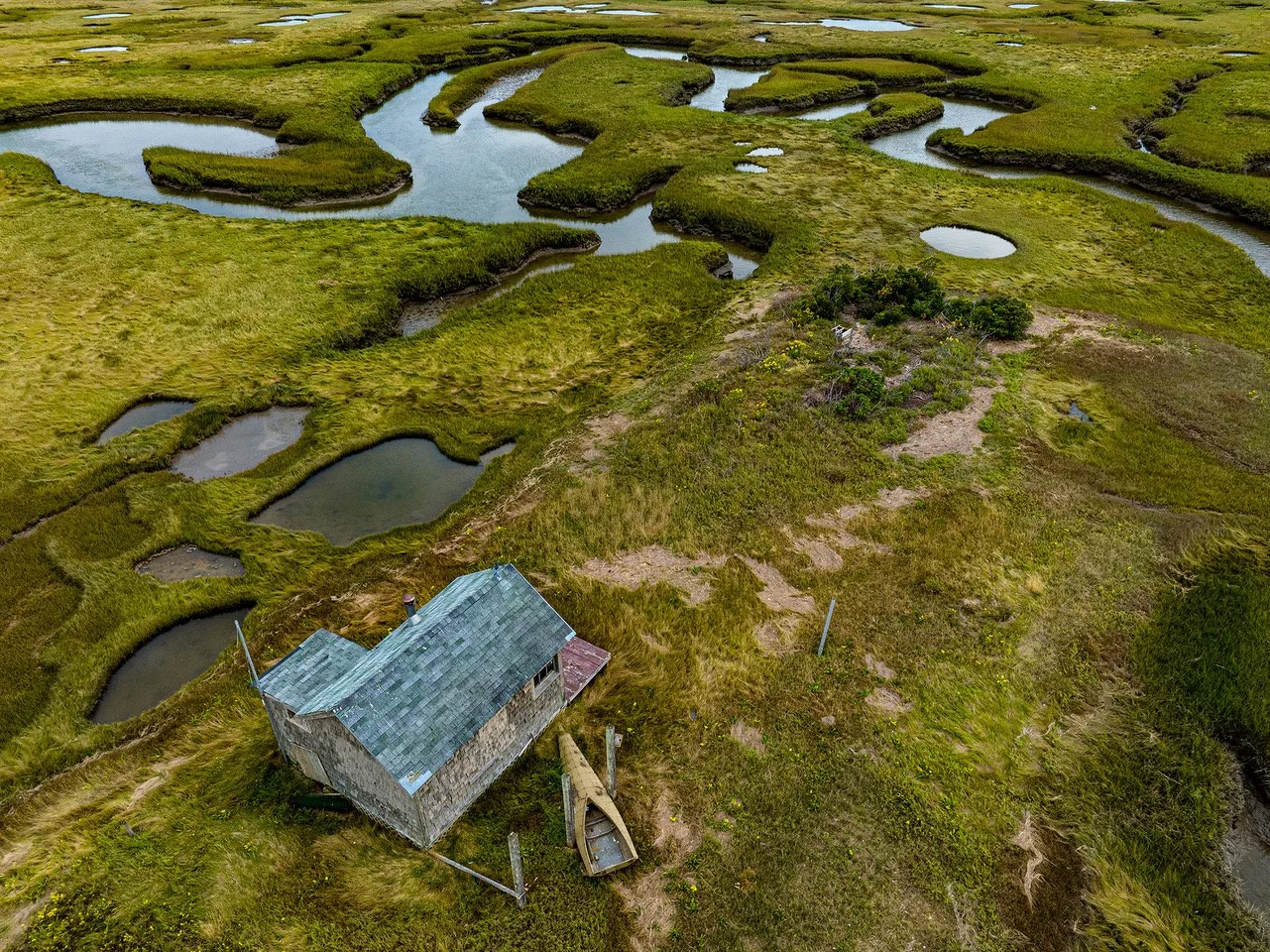 Aerial view of a marshland with winding water channels, green grassy areas, and a weathered wooden house with a boat nearby.