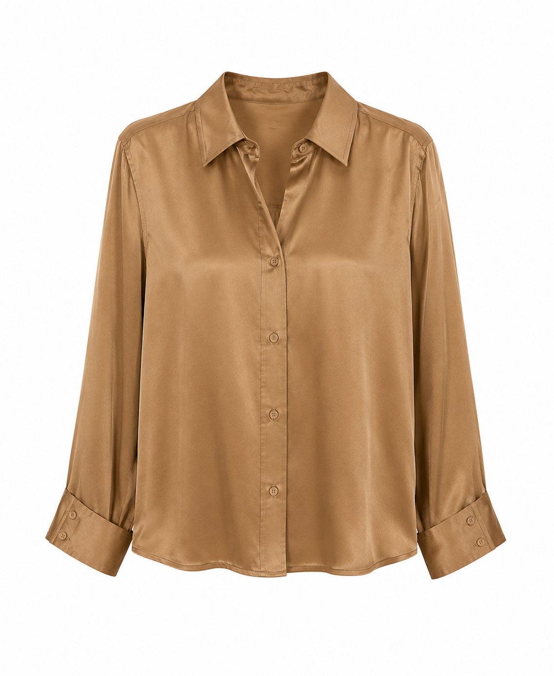 Camel Satin Button-Up Blouse