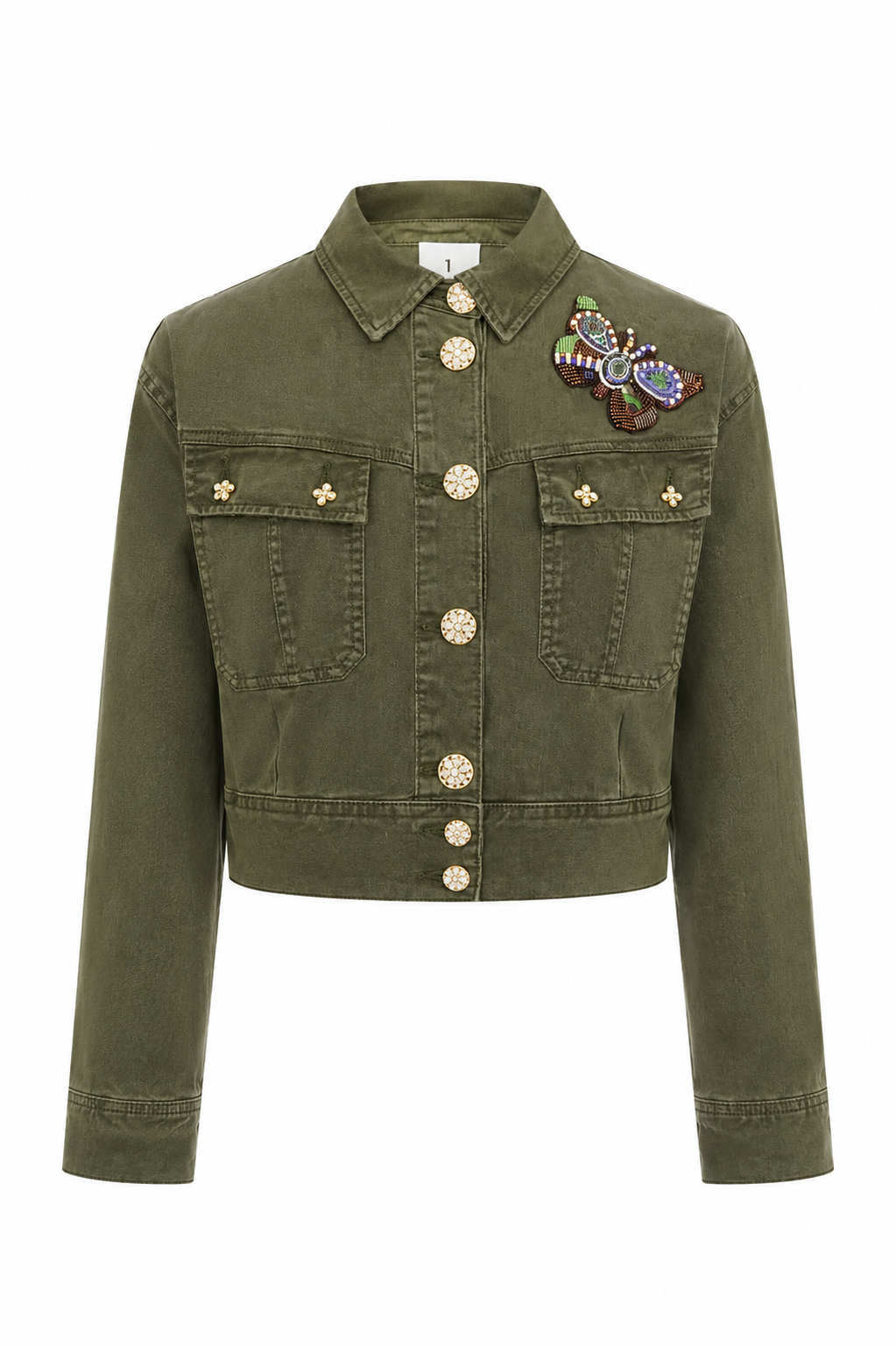 Embellished Olive Cropped Denim Jacket