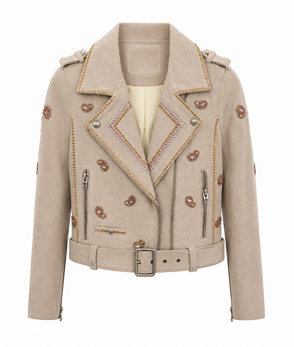 Embellished Taupe Suede Biker Jacket