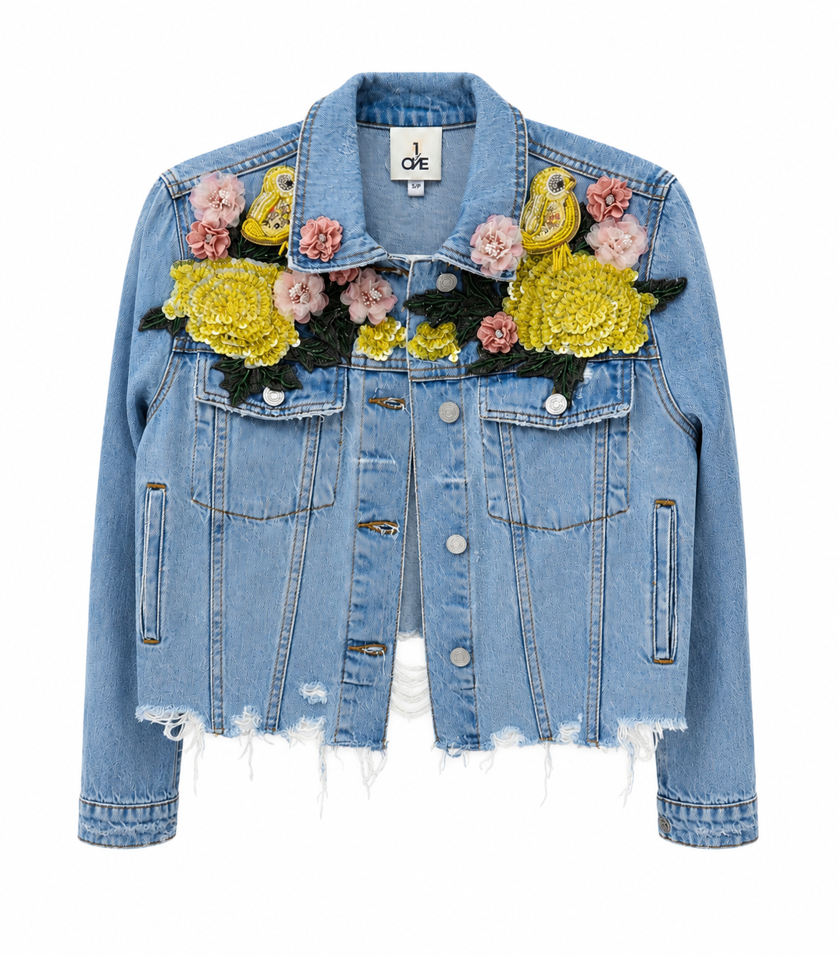 Denim jacket with floral embellishments