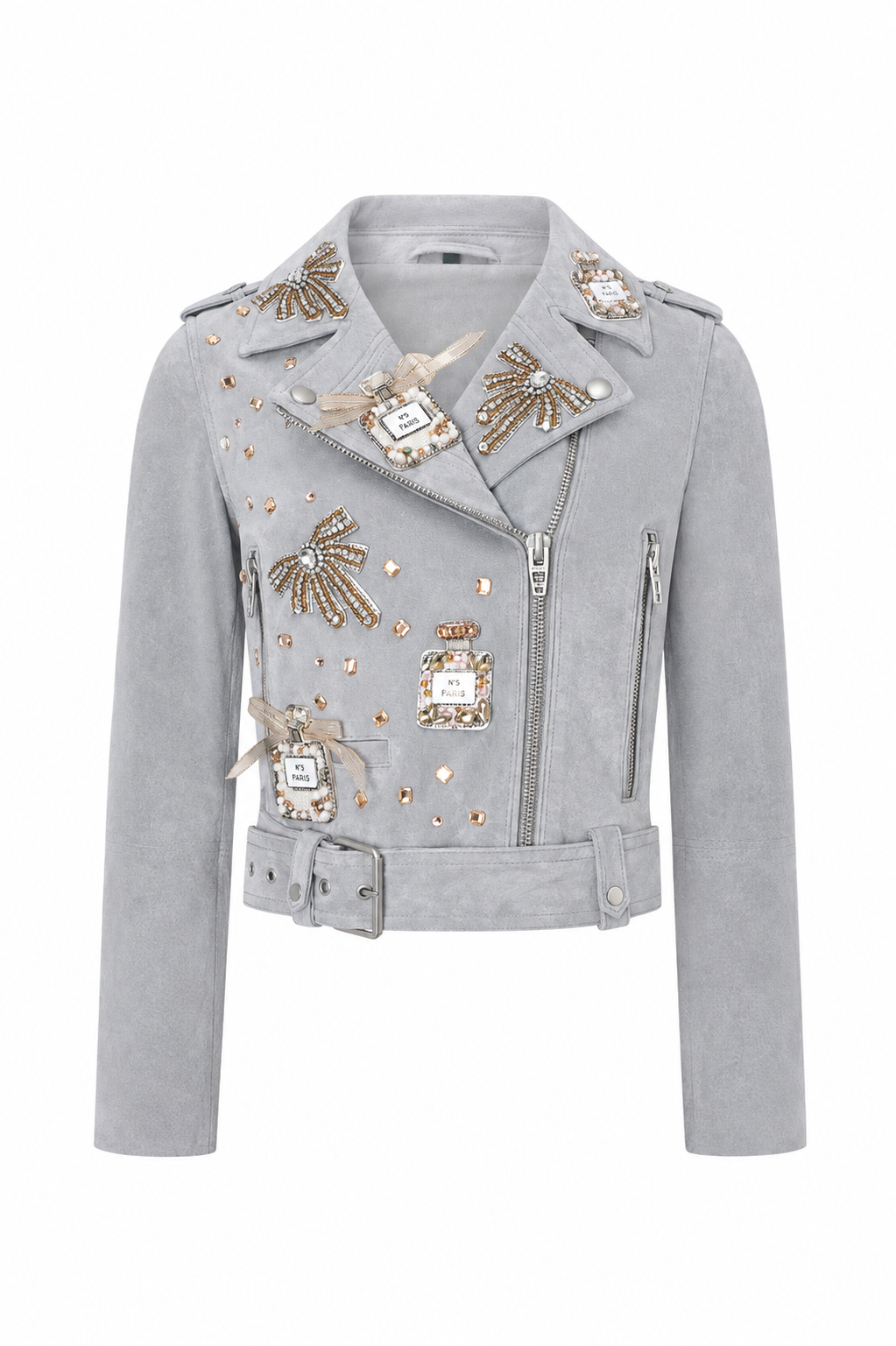 Embellished Silver Suede Moto Jacket