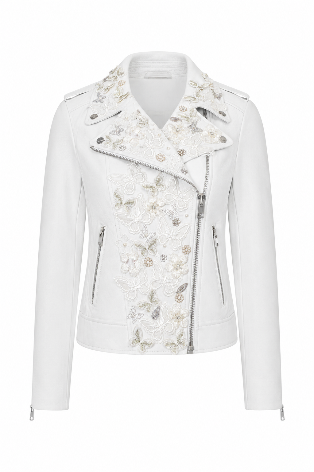 Embellished White Floral Moto Jacket