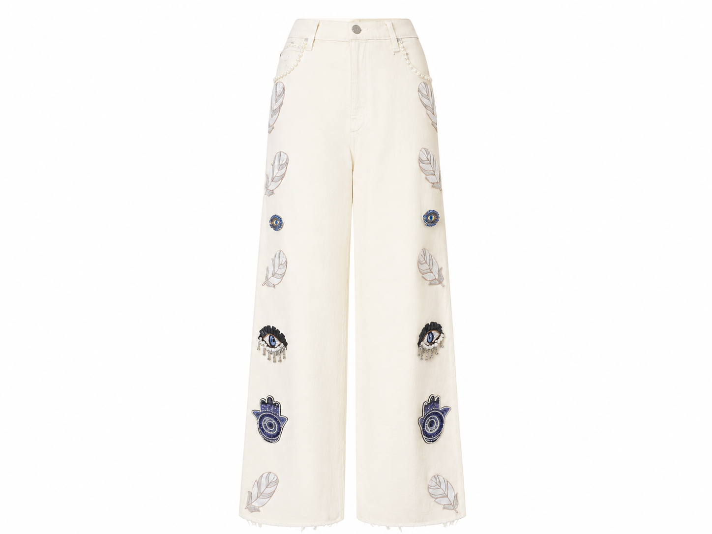 Cream Denim Embellished Flared Pants