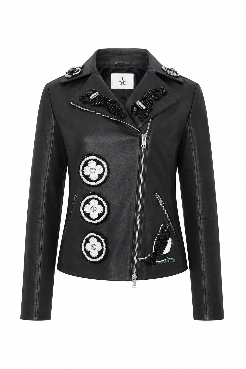 Embellished Black Leather Biker Jacket