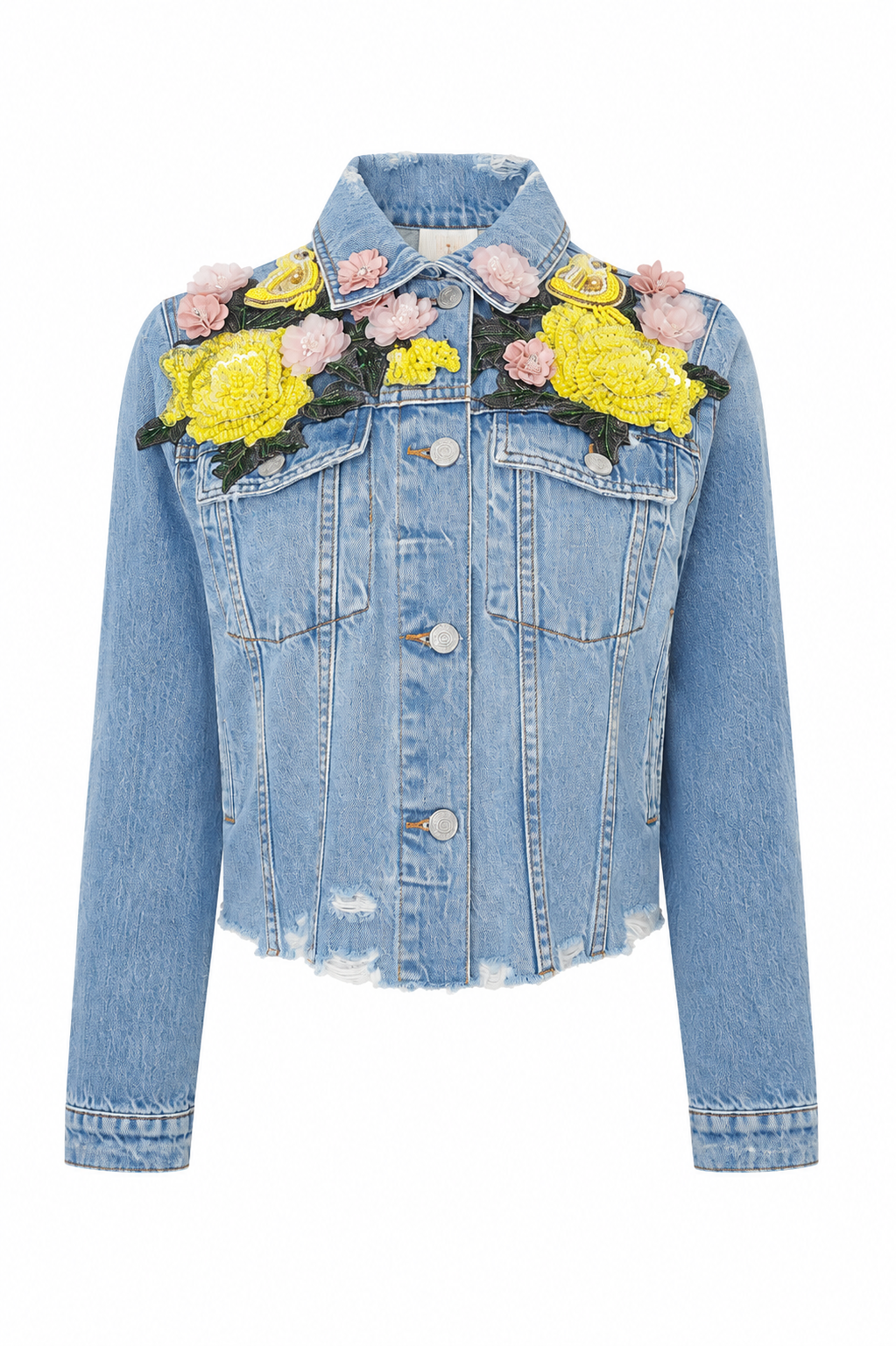 Embellished Blue Floral Denim Jacket