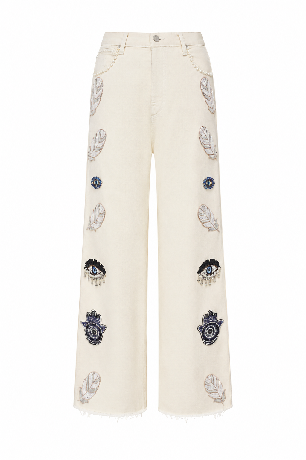 Embellished Ivory Wide-Leg Jeans