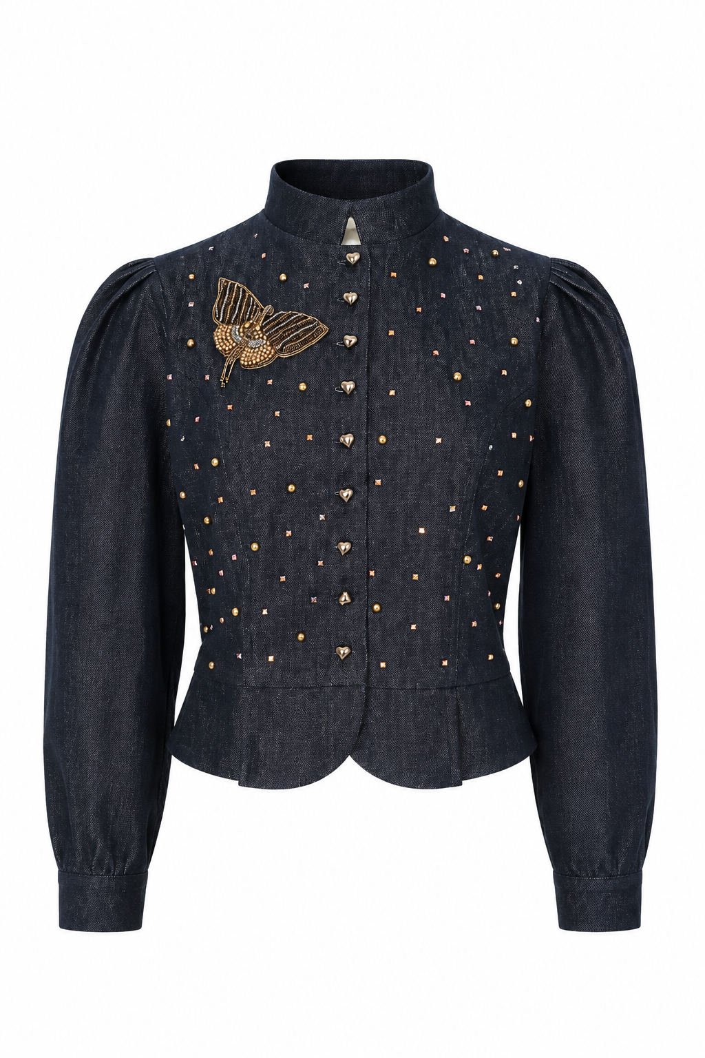 Ornate Navy Denim Jacket with Moth Brooch