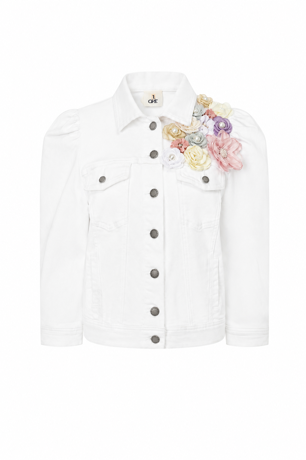 Pastel Floral Embellished White Denim Jacket