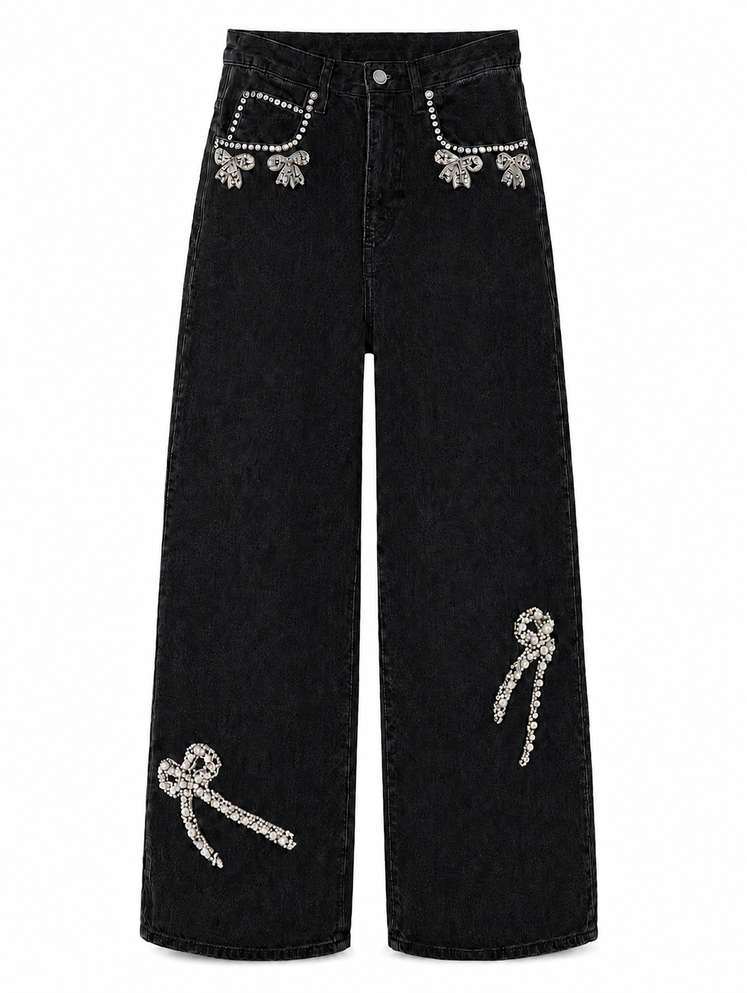 Jeweled washed-black jeans on pure white