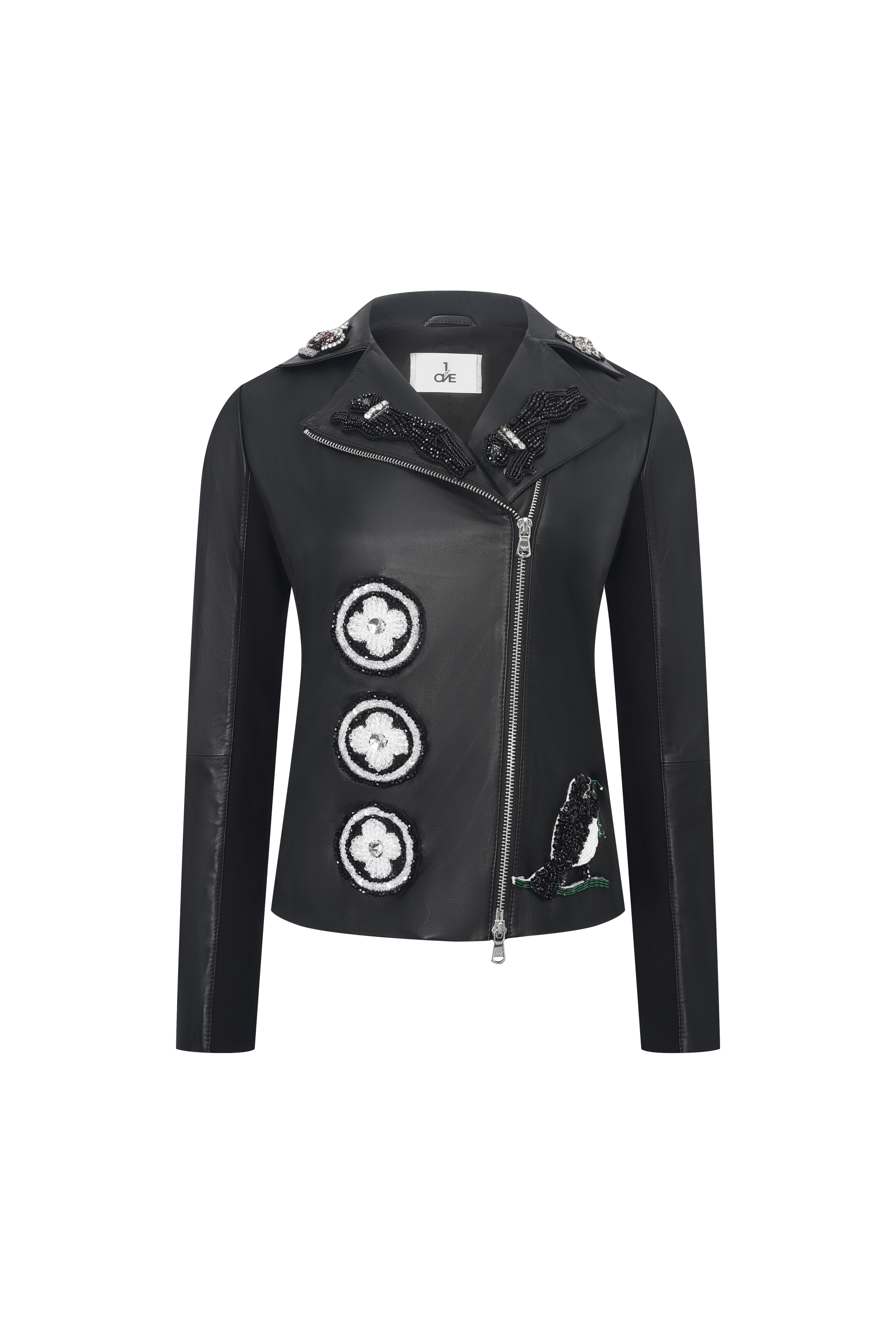 Leather Black Floral Embellished Jacket