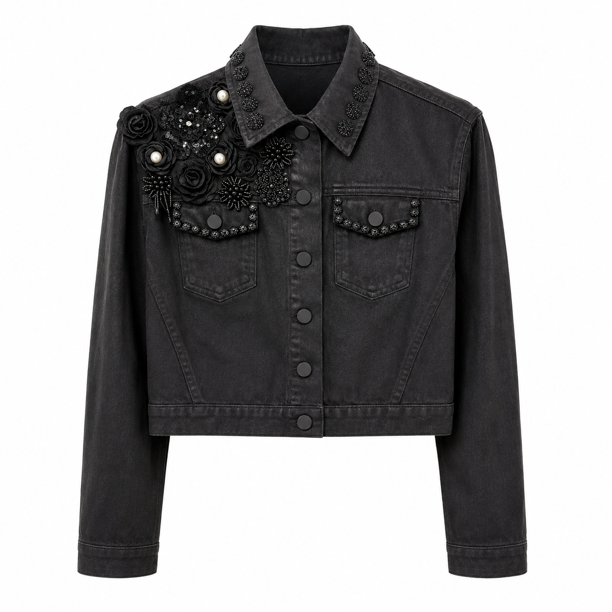 Embellished Black Cropped Denim Jacket