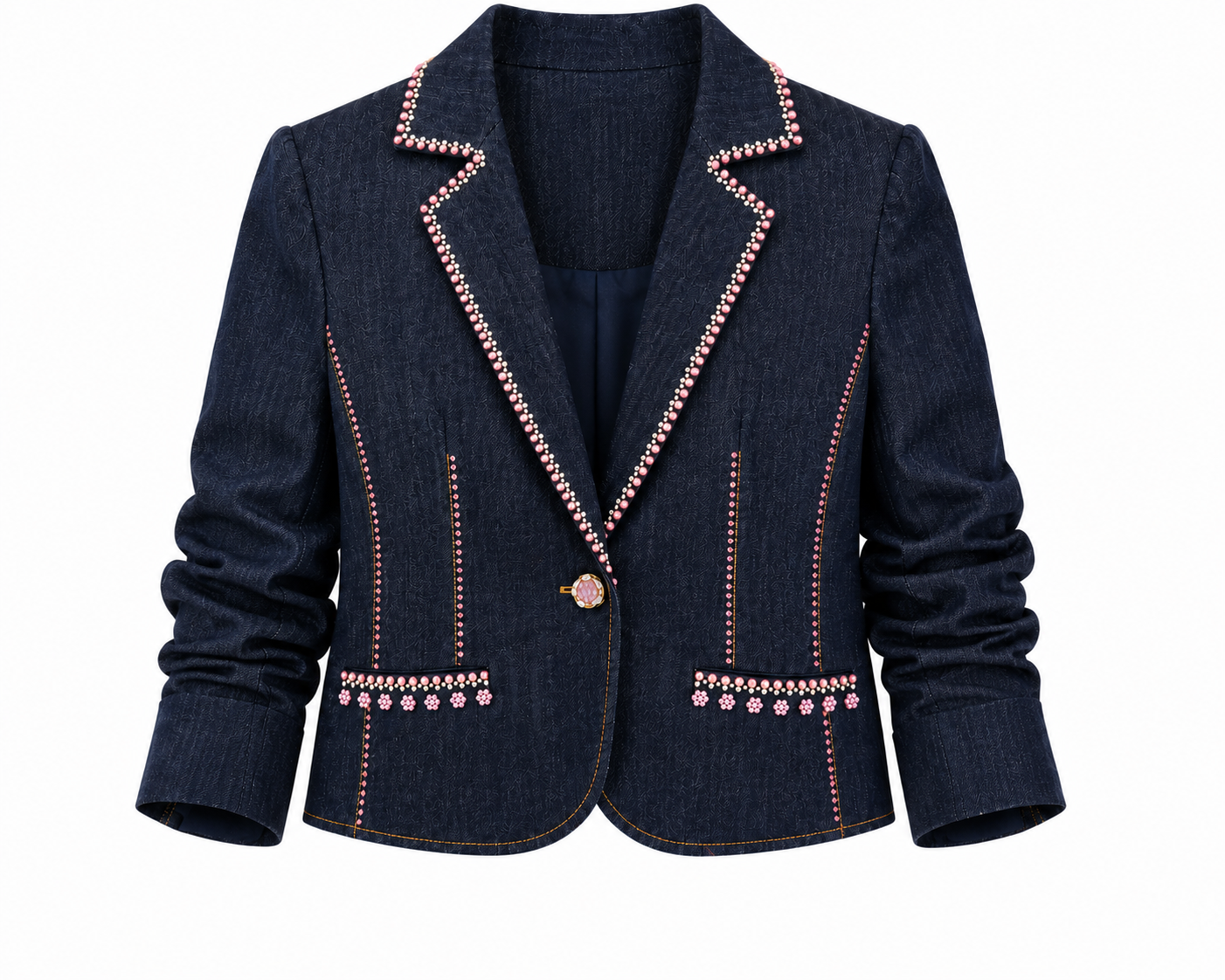 Dark Denim Jacket With Pink Embellishments