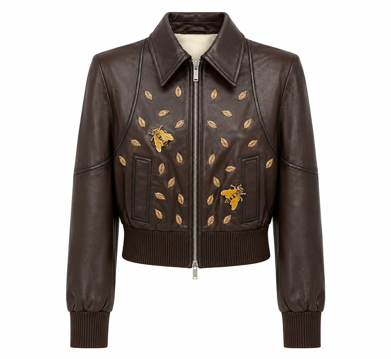 Embroidered Leather Bomber Jacket