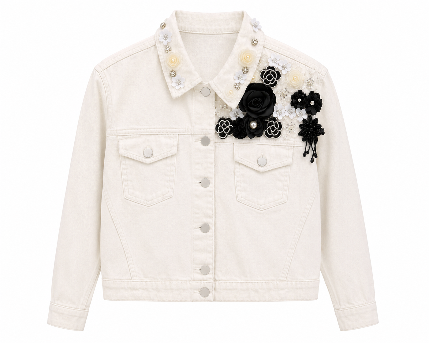 Floral Embellished Cream Denim Jacket