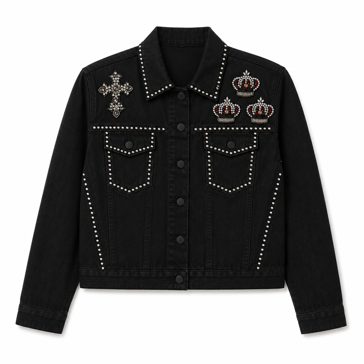 Black Denim Trucker Jacket With Studs