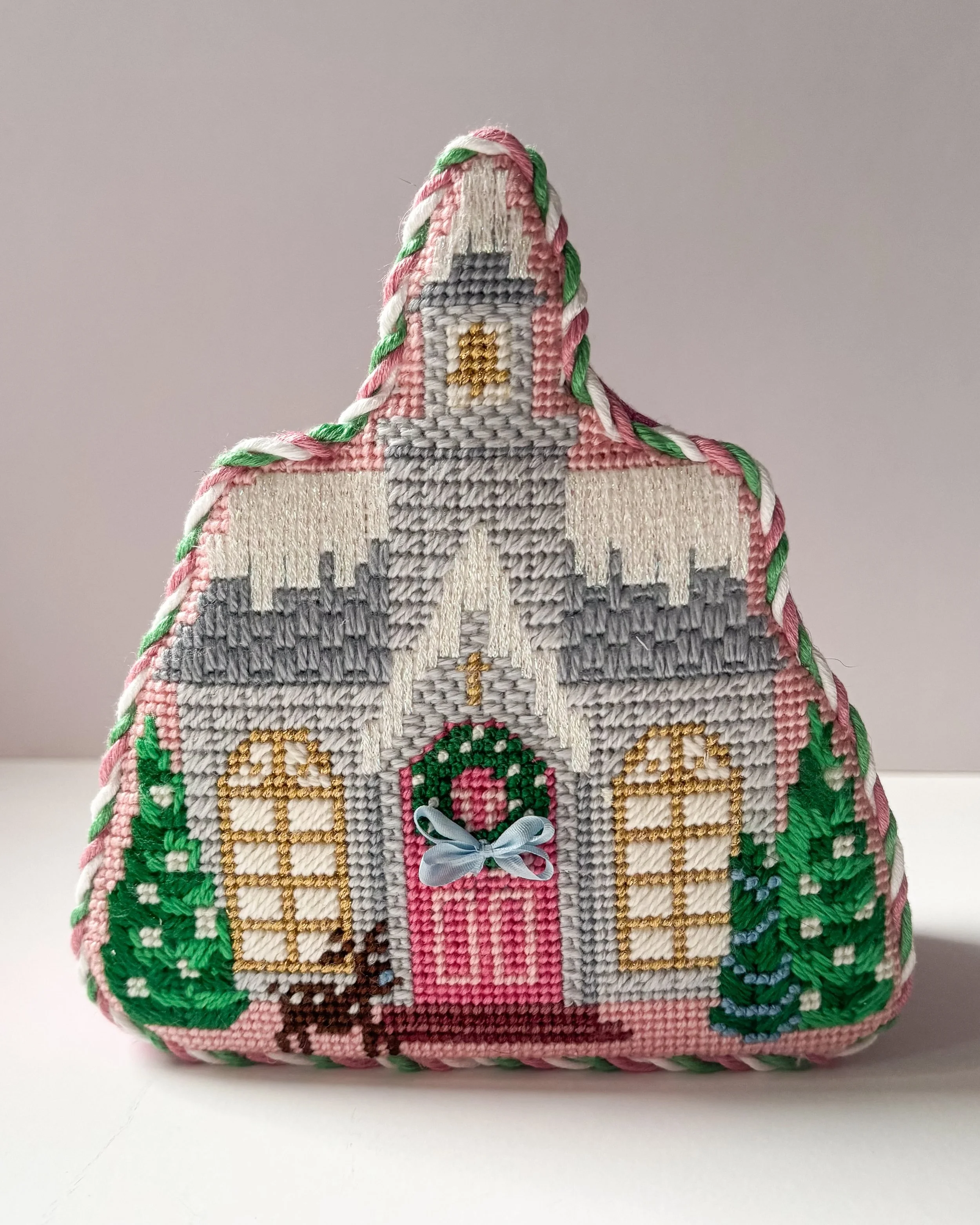 First piece of this Christmas Village is finished ✨ I had so much fun with this Le Point Church and love how it came together.

I used Dupioni silk for the backing, which I offer as an add-on if you want a little extra texture and polish on your fini