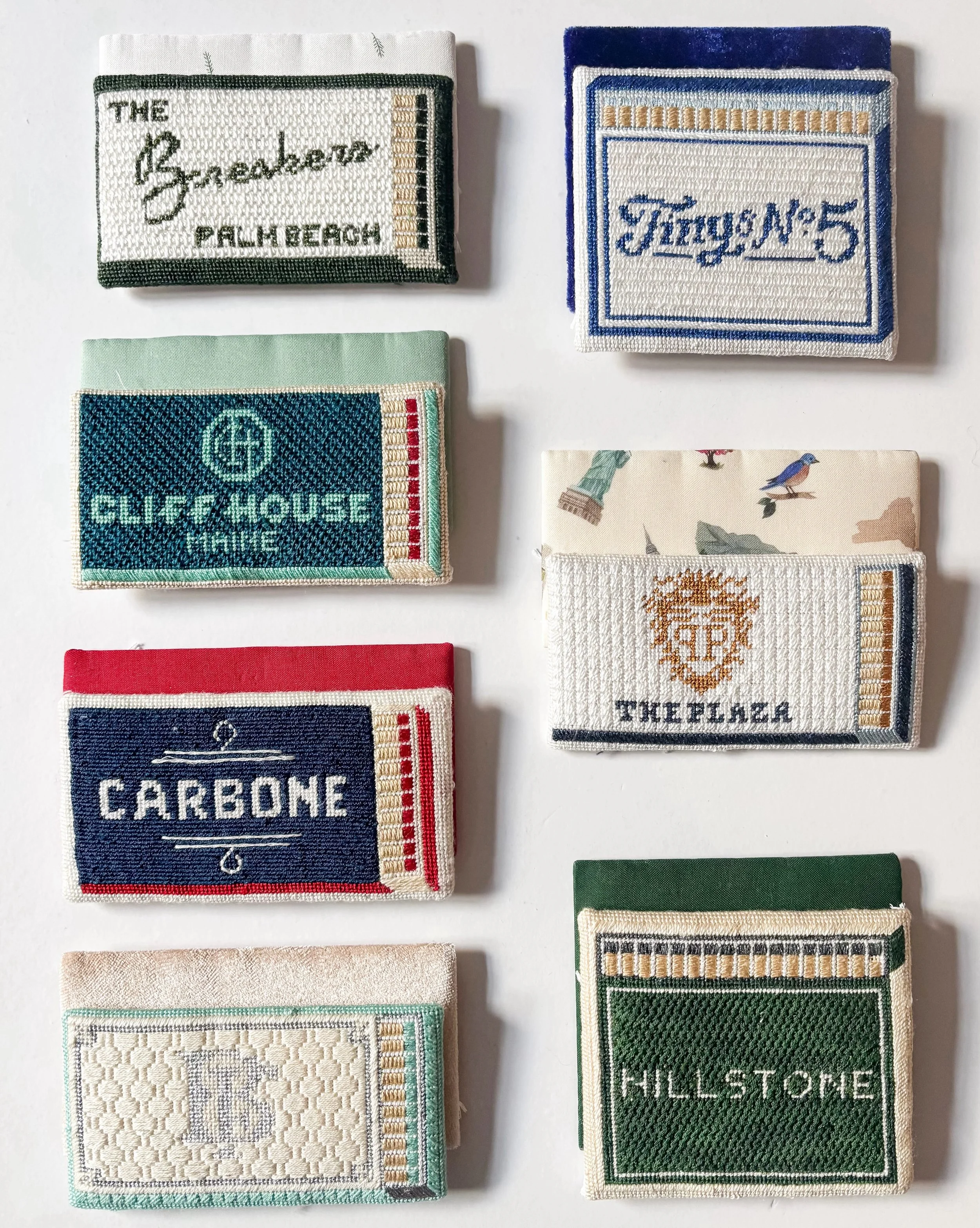 Almost done with this matchbook set ✨ The customer wanted classic white cording on each one, but a different backing fabric for every piece &mdash; such a fun way to make the collection feel cohesive while still giving each finish its own personality