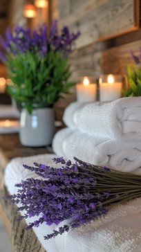 Lavender flowers and packaged towels with candles in the background.
