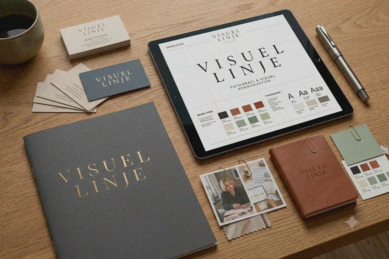 Eksempler på visuel identitet med logo, typografi, farver og trykte materialer fra Visuel Linje.