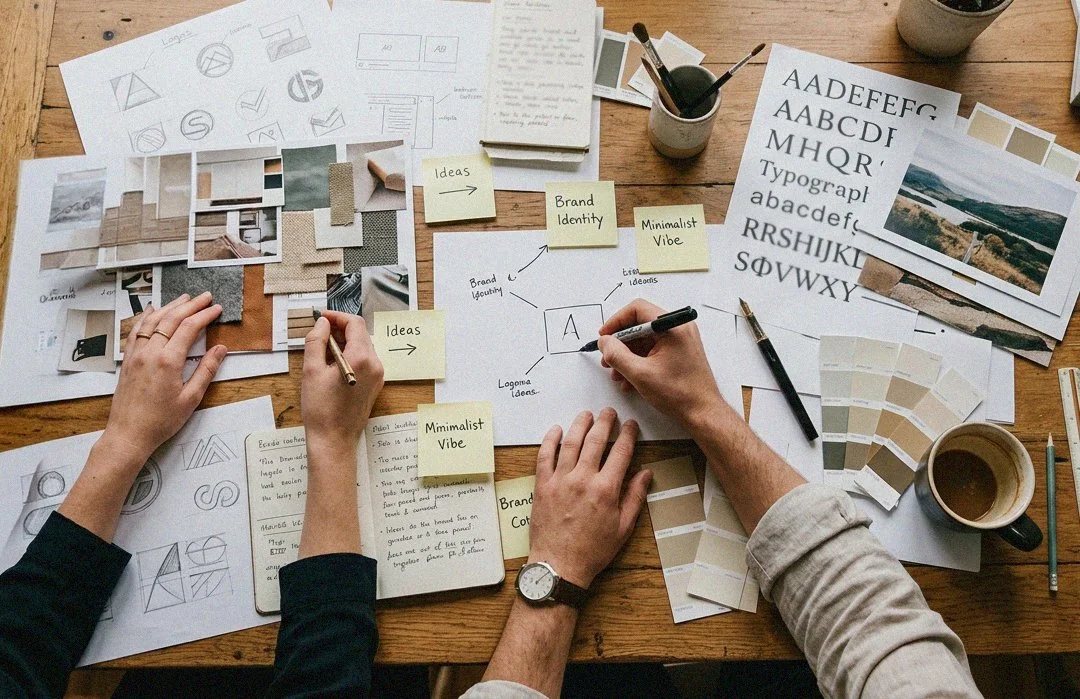 Moodboard med farver, fotografier, skitser og noter til udvikling af en visuel identitet.