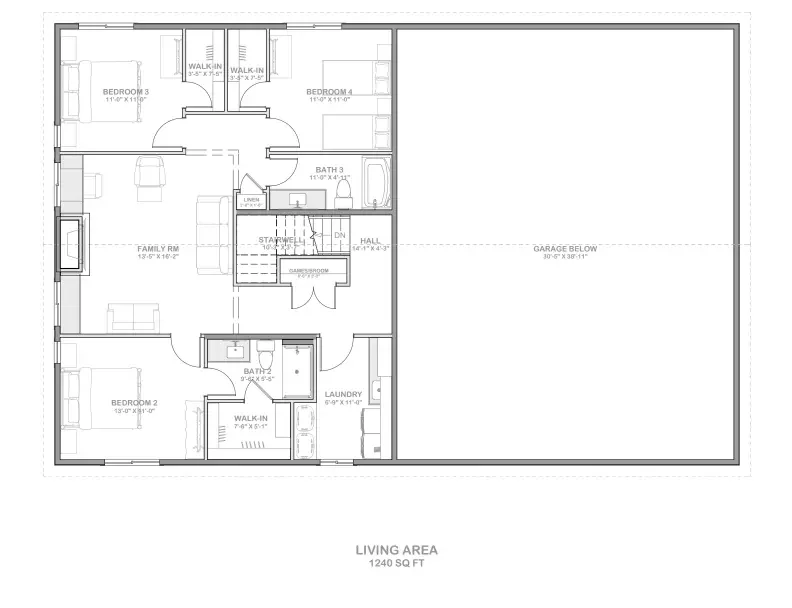 Floor plan of a residential home showing bedrooms, bathrooms, family room, laundry, garages, and hallways.