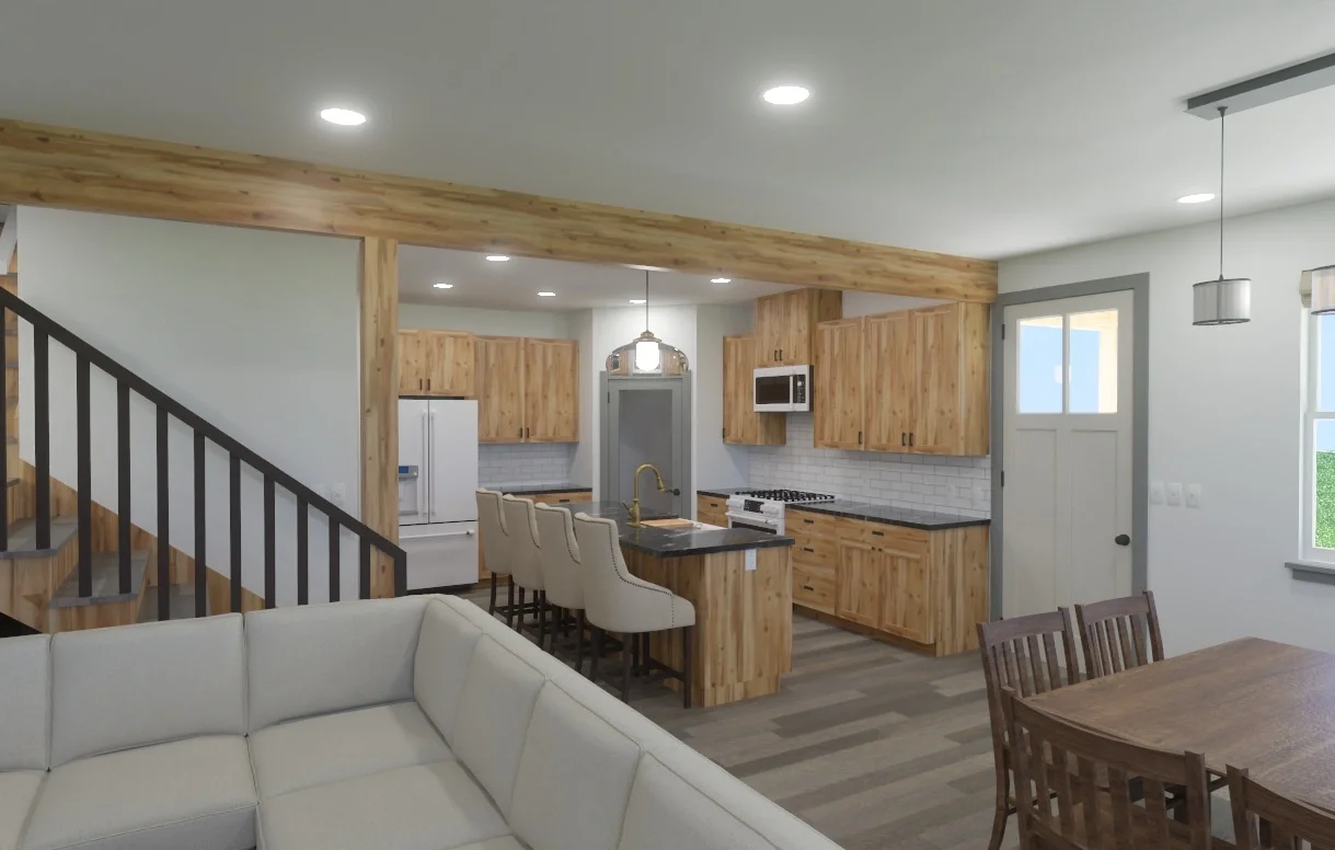 Modern kitchen with wooden cabinets, white appliances, island with barstools, and dining area with wooden table and chairs