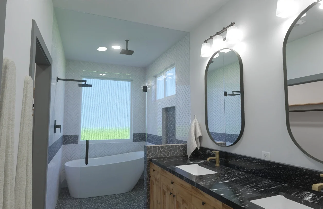 Modern bathroom with a black granite countertop vanity, two oval mirrors with black frames, a white bathtub under a large window, and a walk-in shower with a rainfall showerhead. The bathroom has white walls with textured tile accents and contemporar