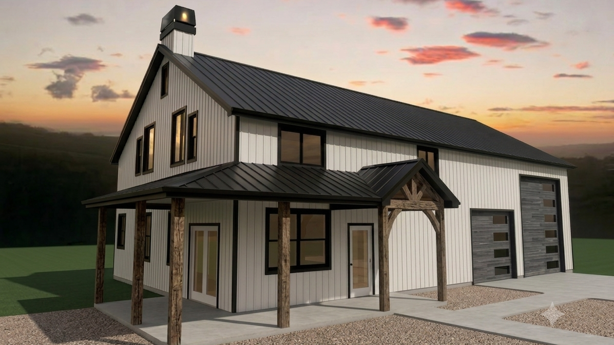 A modern two-story house with black trim, white siding, and a dark metal roof, featuring a covered porch supported by wooden posts, large windows, and a two-garage with metal doors, set against a sunset sky with scattered clouds.