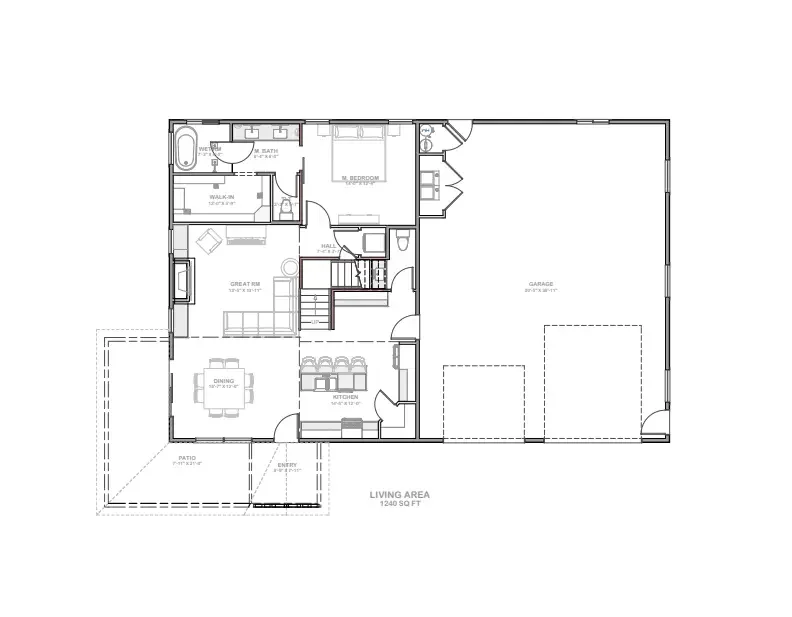 Floor plan of a single-story house showing various rooms including a living area, dining area, kitchen, bedroom, bathroom, walk-in closet, garage, patio, and entryway.