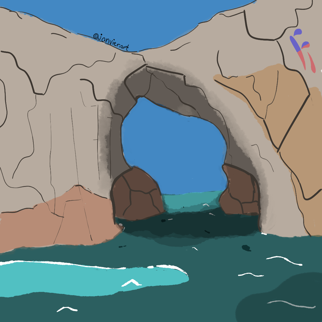 A painted illustration of a rocky coastal arch formation with ocean water passing underneath, under a blue sky.