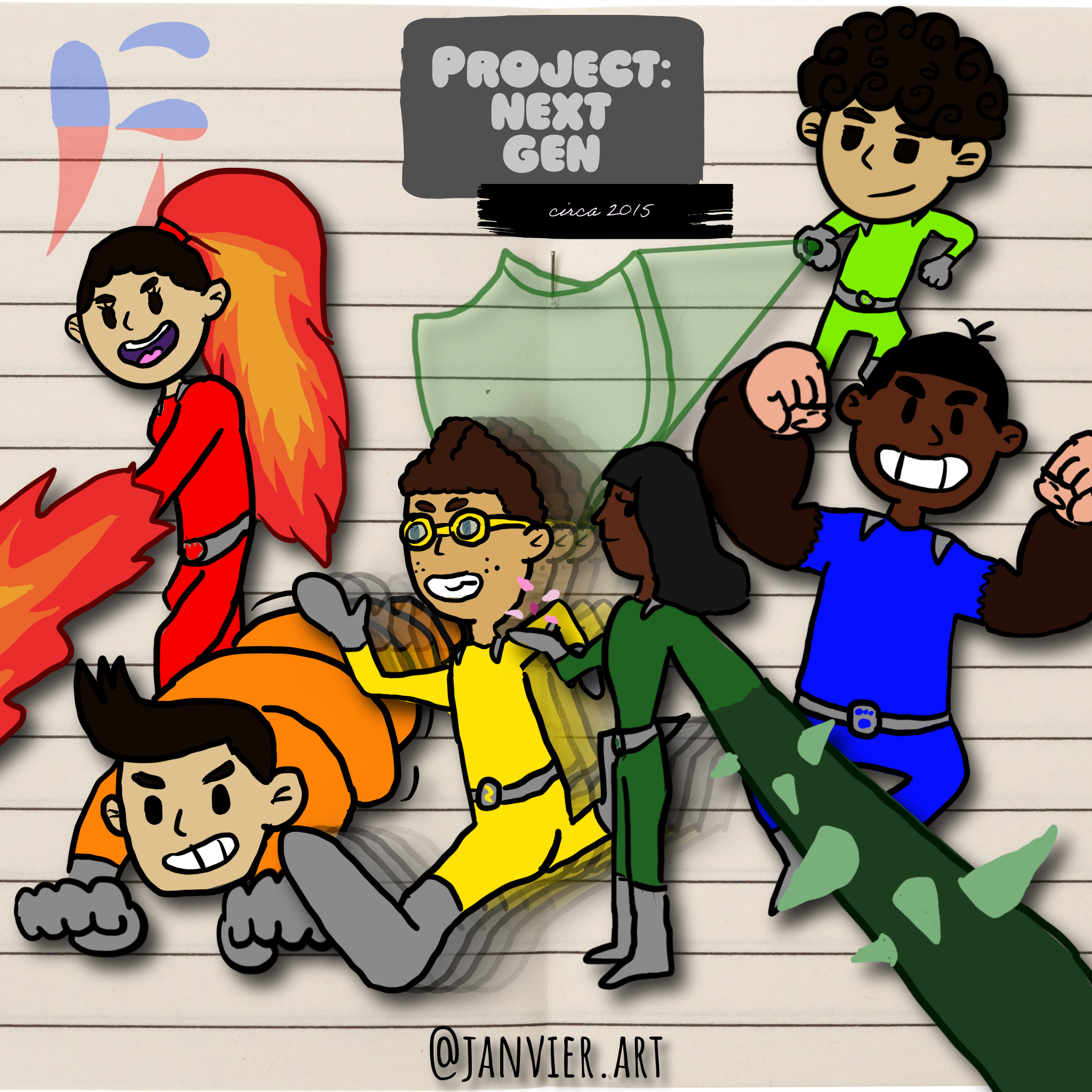 Cartoon drawing of diverse children and a dog, with a sign that reads 'Project: Next Gen circa 2015' and a green plant on the right. The artist's Instagram handle '@janvier.art' is at the bottom.