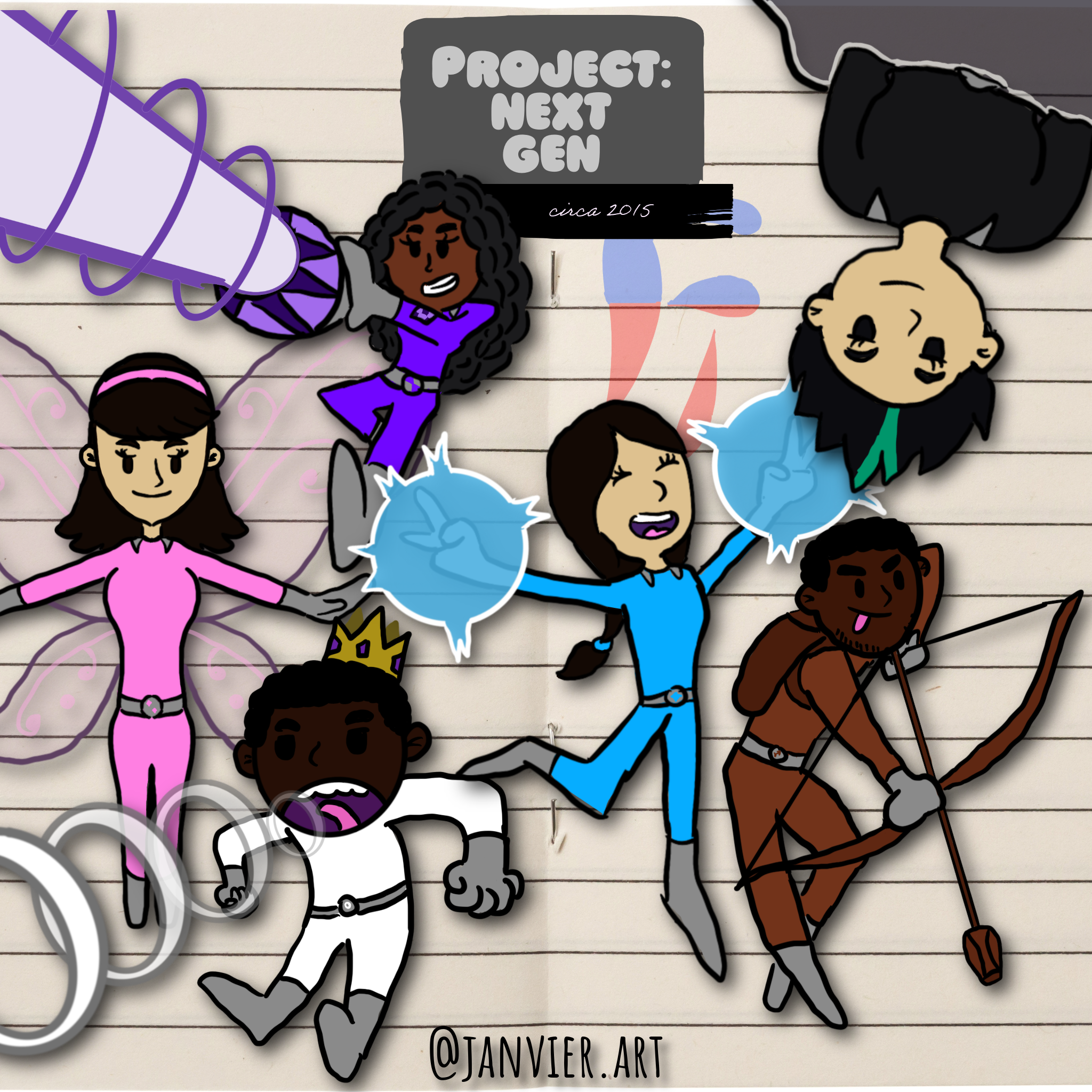 A colorful drawing features a diverse group of cartoon-style characters, including fairies, animals, and humans, grouped together against a striped background with a sign that reads "Project: Next Gen circa 2015" and the artist's social media handle 