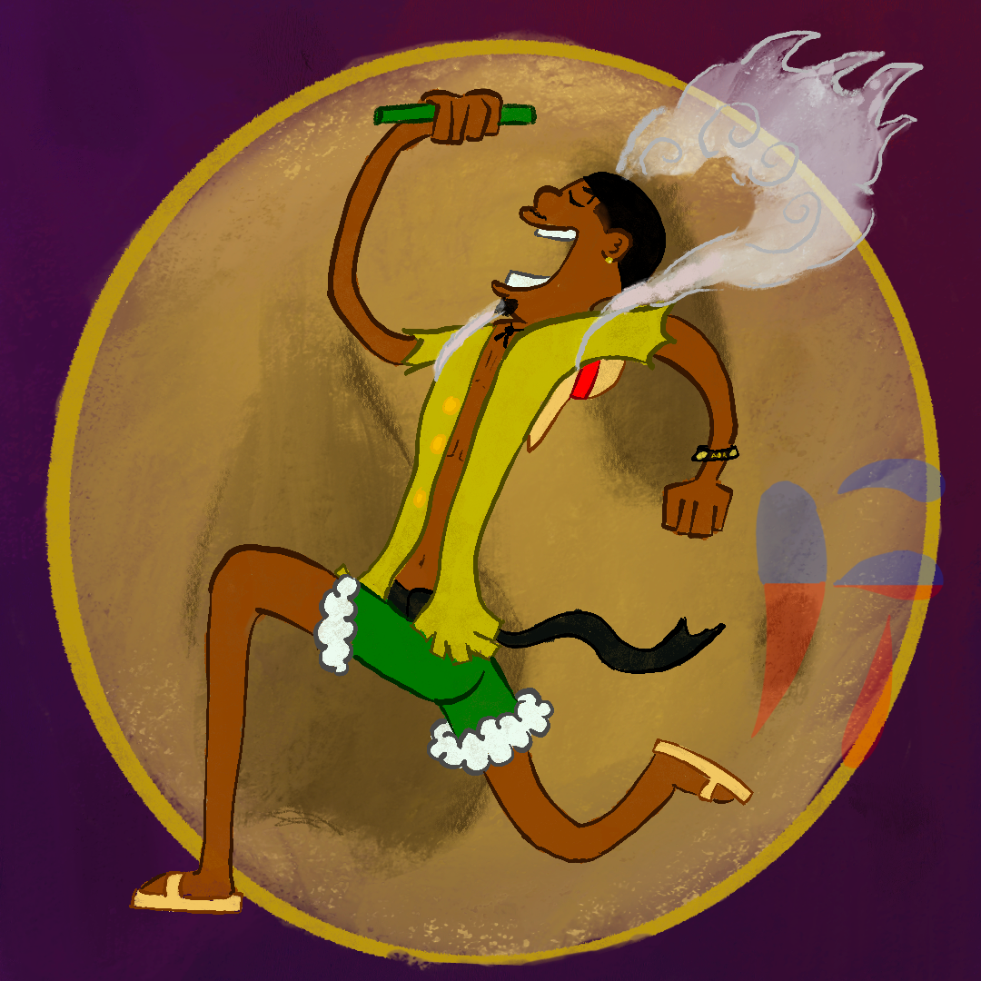 Cartoon man celebrating and smoking with smoke rising from head, wearing colorful outfit, against a circular background.