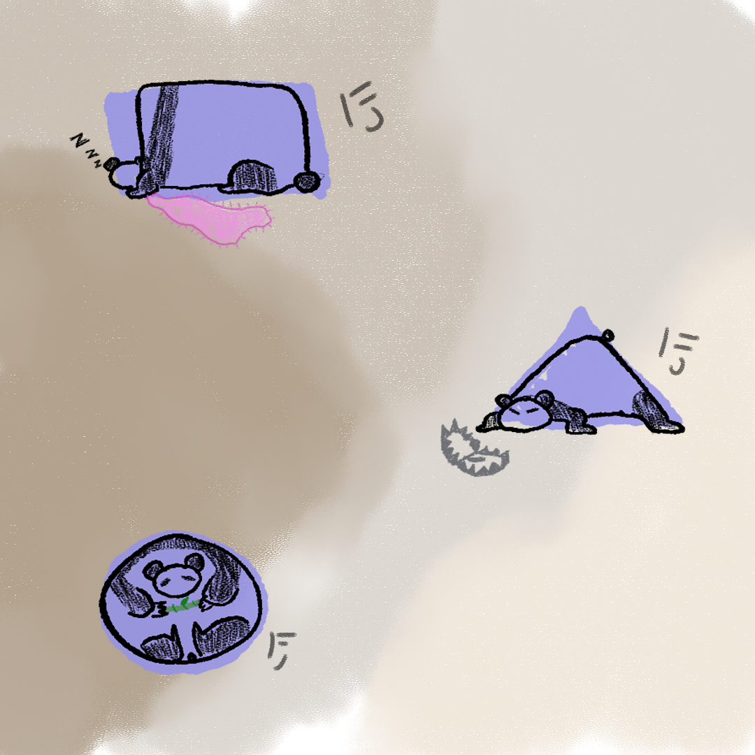 Three cartoon drawings of a purple bear with different poses and accessories, each surrounded by a blue glow, set against a light background.