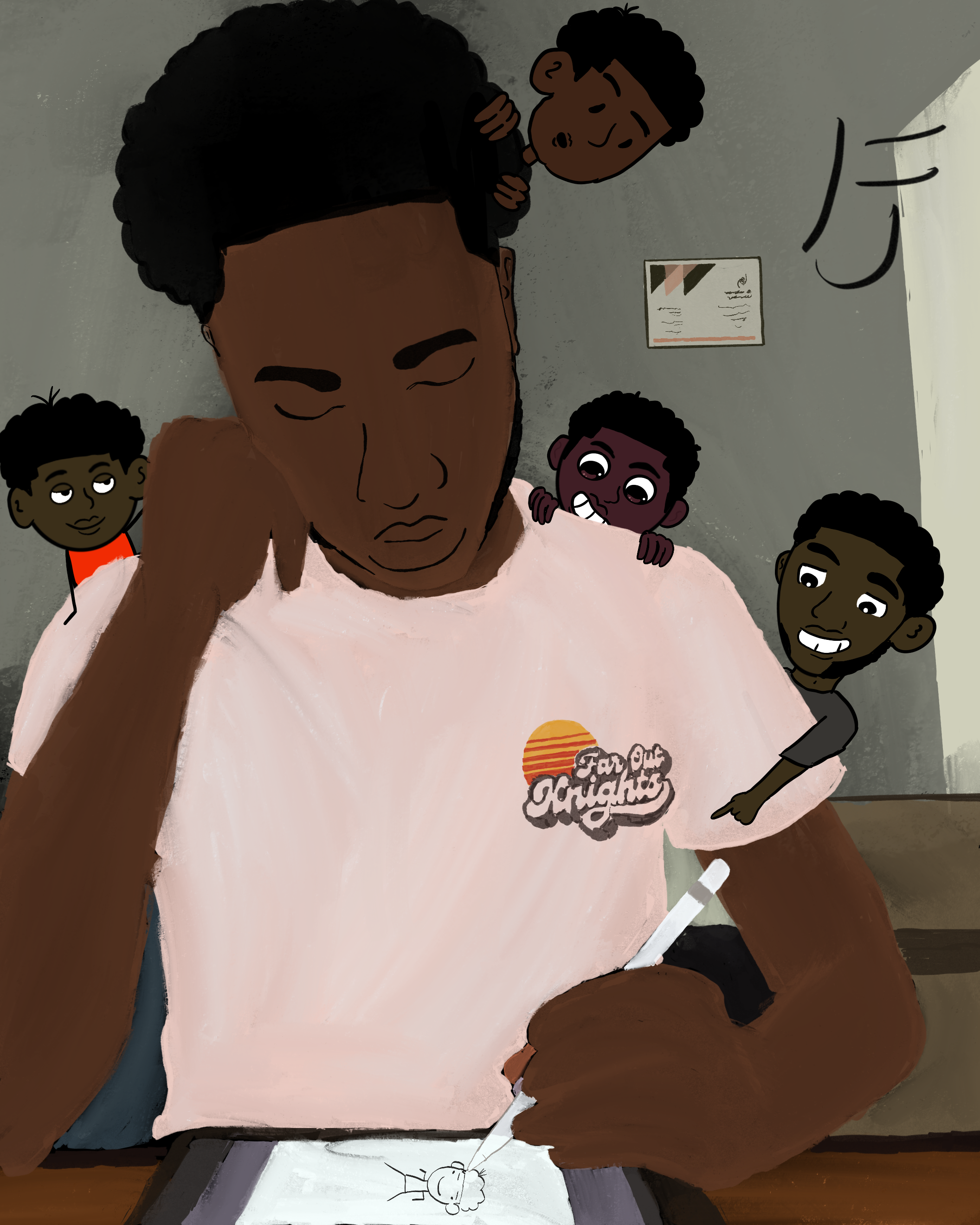 A person with dark skin and curly black hair is drawing on a sheet of paper, with several children observing and smiling nearby. One child is sitting on the person’s shoulder. The drawing includes a sun with orange and yellow stripes and the words "F