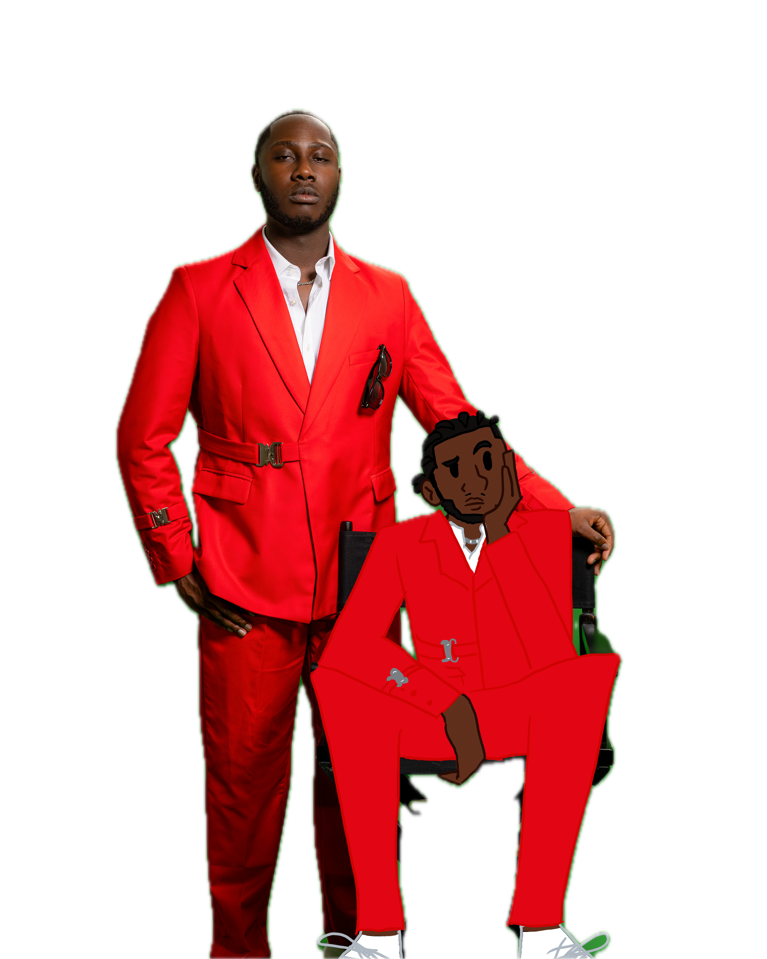 A man with a beard wearing a red suit and white shirt standing next to a cartoon drawing of a man in a wheelchair, also in a red suit, with a thoughtful expression.