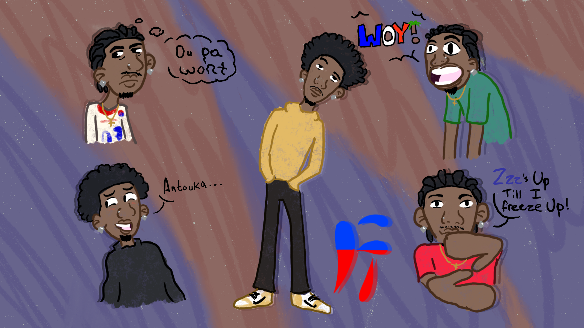 Illustration of five young men with various facial expressions and hairstyles, some wearing earrings and necklaces, against a colorful background. One is in a yellow hoodie and black pants, standing with hands in pockets, surrounded by others sitting
