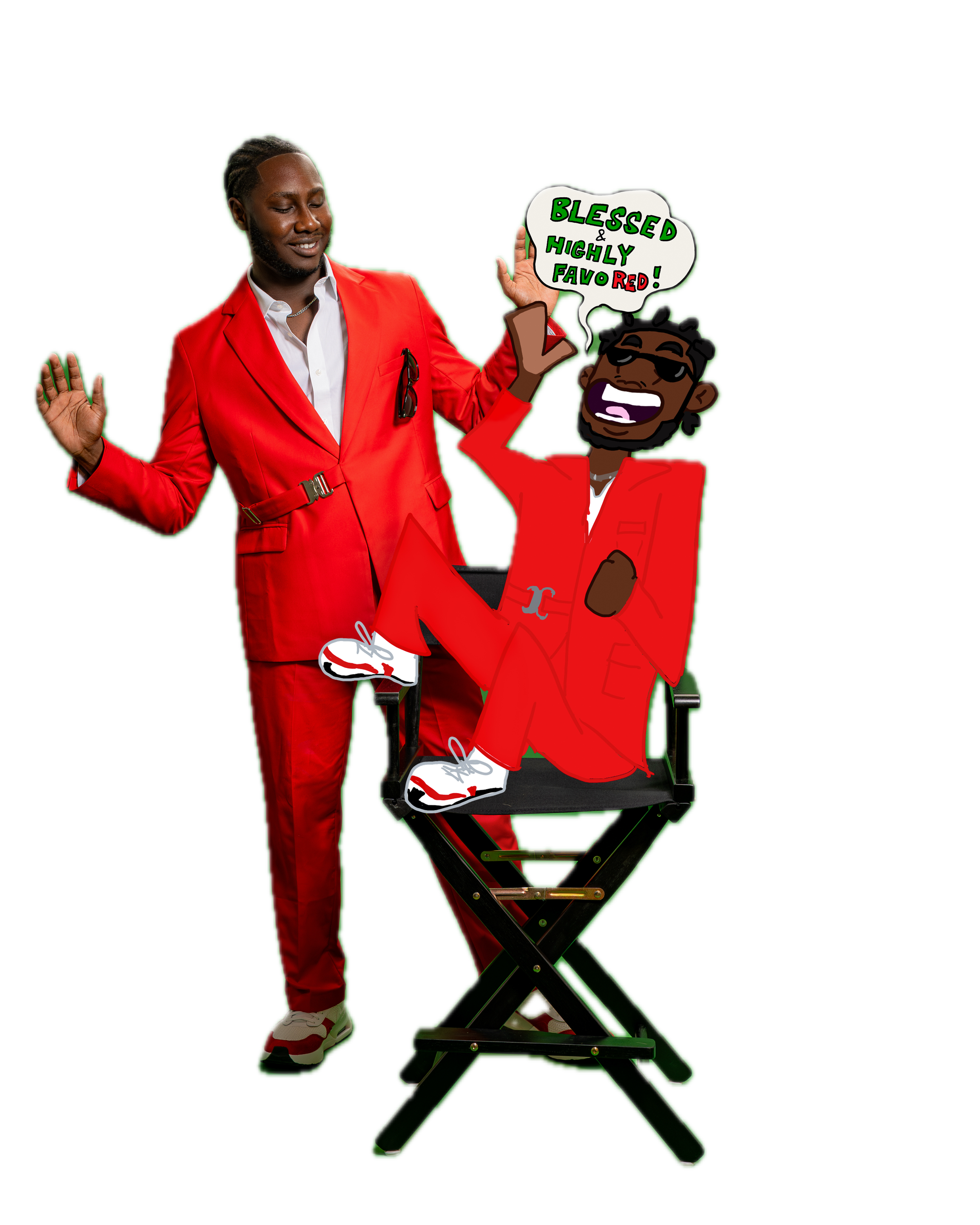 A man dressed in a red suit with sunglasses hanging on his shirt pocket and sneakers is standing next to an artist's mannequin of himself. The mannequin is seated on a black folding chair and has a comic-style speech bubble that says, "Blessed & Highly Favored!"