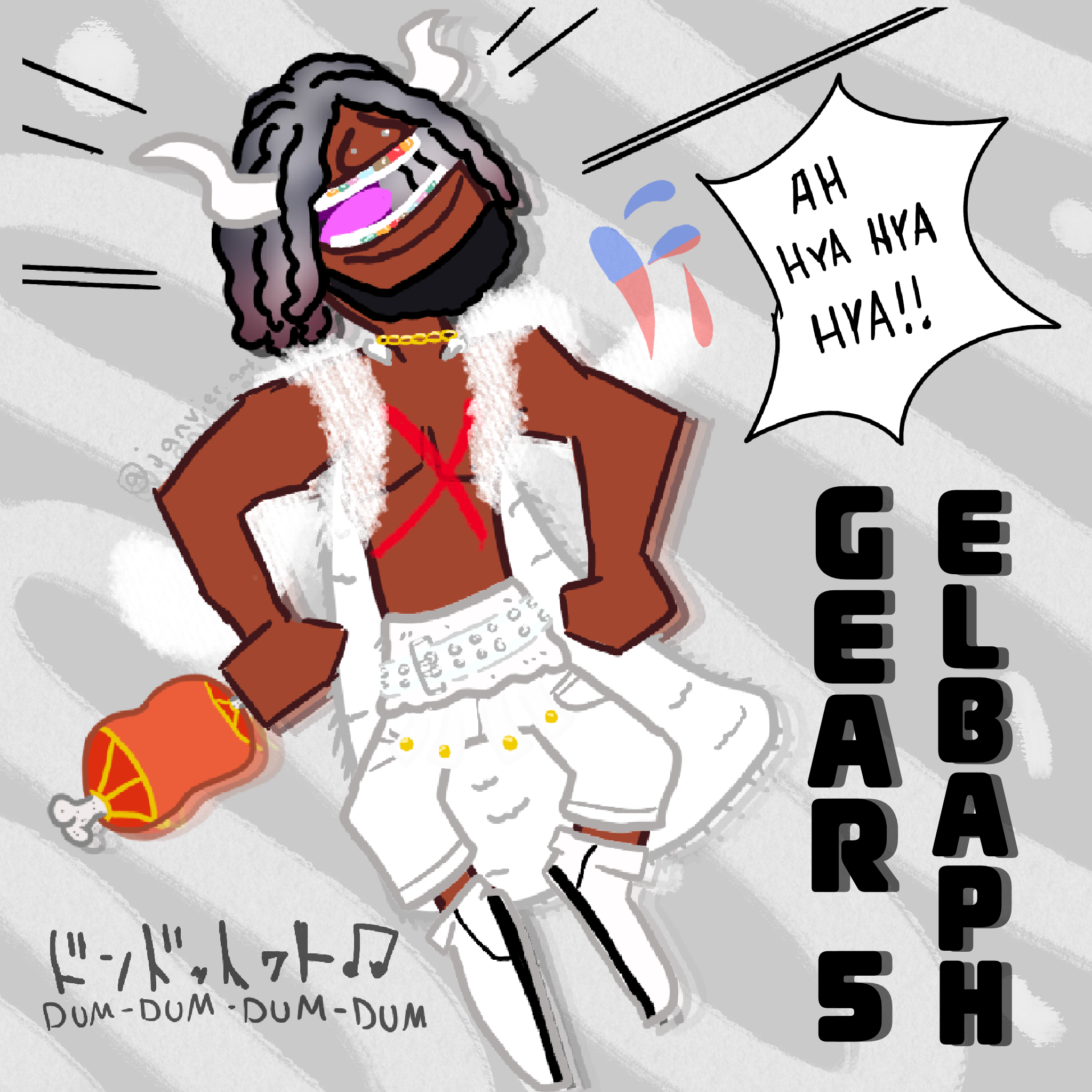 A cartoon depiction of a person with long dark hair, brown skin, wearing Christmas attire including a Santa hat and fur-trimmed coat, singing loudly with their mouth wide open, accompanied by musical notes, lyrics, and the words 'AH HYA HYA HYA!!' in