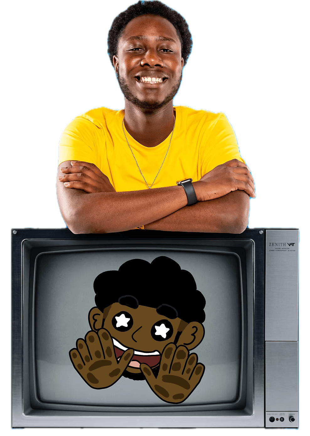 A young man smiling with arms crossed, wearing a yellow shirt and black watch, standing behind an old television set with a cartoon emoji face on the screen.