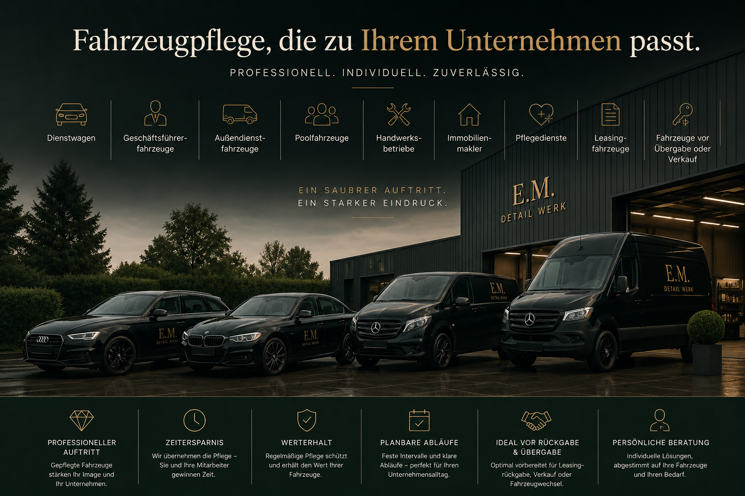 Mobile Fahrzeugaufbereitung Ein Firmenbild eines Fahrzeugpflegedienstes namens E.M. Detail Werk mit schwarzen Fahrzeugen verschiedener Marken vor einem Gewerbegebäude, darüber Text in Deutsch über die Angeboten und Vorteile des Services.