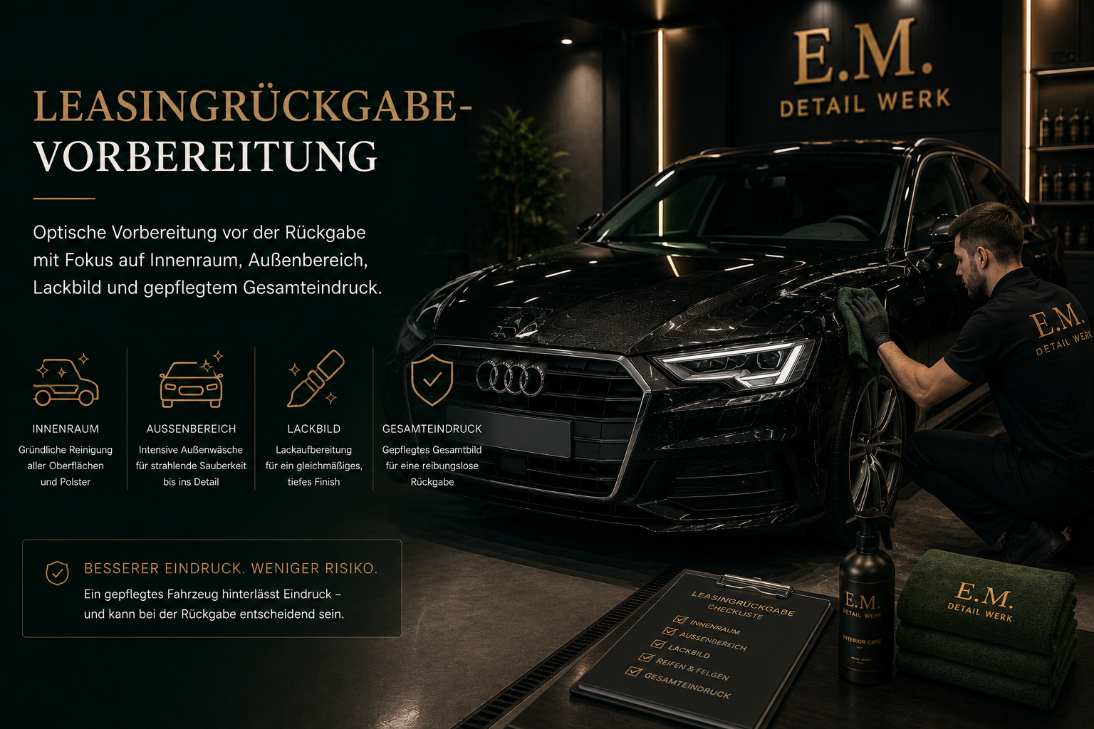 Mobile Fahrzeugaufbereitung Ein Mann beim Polieren eines schwarzen Autos in einer Werkstatt. An der Wand ist das Logo E.M. Detail Werk. Es gibt eine Tafel mit der Checkliste für die Leasingrückgabe und verschiedene Reinigungsprodukte und Handtücher.