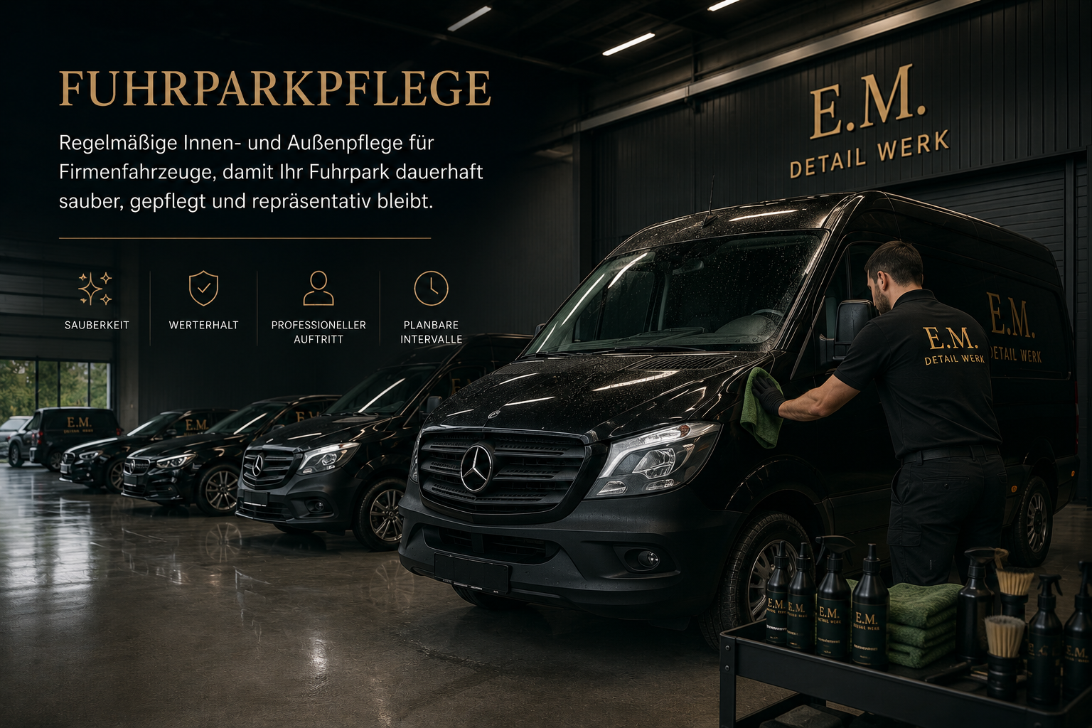 Mobile Fahrzeugaufbereitung Innenansicht einer Autopflegewerkstatt mit schwarzen Firmenfahrzeugen, einem Mitarbeiter beim Polieren eines Autos, Regale mit Pflegemitteln und einem schwarzen hoher Deckenraum.