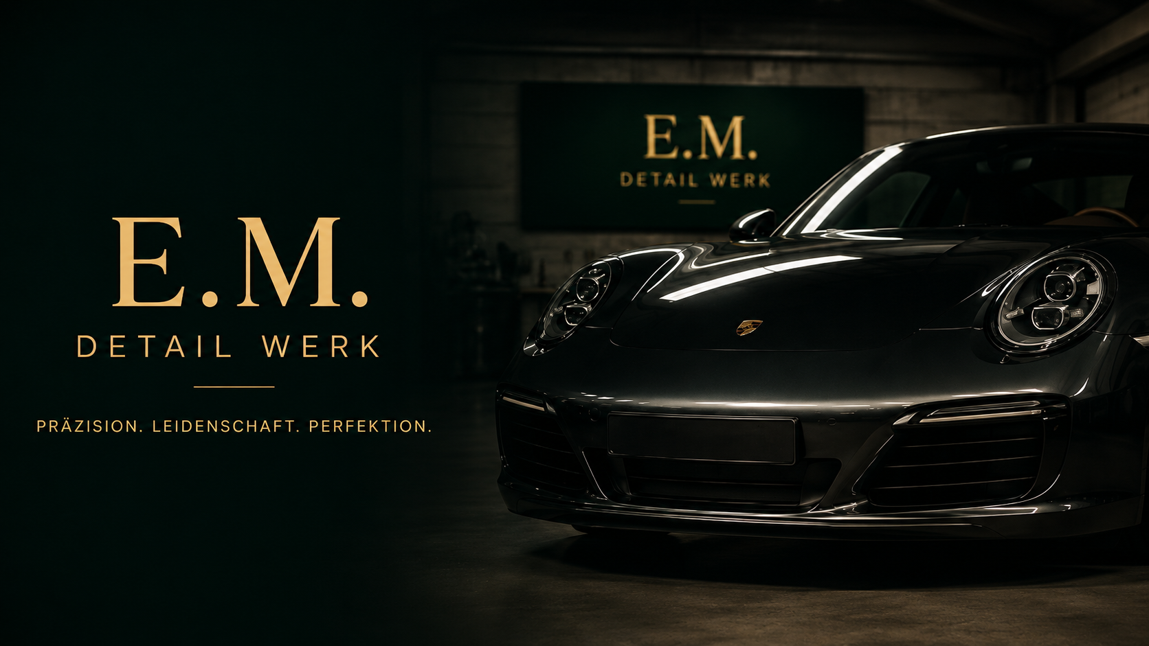 Mobile Fahrzeugaufbereitung Schwarzes Porsche-Auto in einem dunklen Raum mit Goldschrift 'E.M. DETAIL WERK' und Slogan 'PRÄZISION. LEIDENSCHAFT. PERFEKTION.'