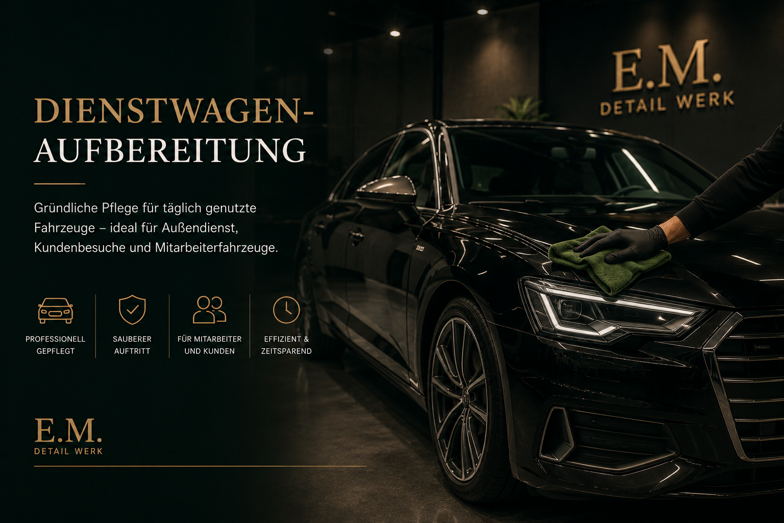 Ein schwarzes Auto wird professionell gereinigt und poliert, während eine Person mit schwarzer Handschuhhand das Fahrzeug mit einem grünen Tuch bearbeitet. Im Hintergrund ist ein dunkler Raum mit goldenem Schriftzug "E.M. Detail Werk" zu sehen, neben einem Textblock über die Fahrzeugaufbereitung.