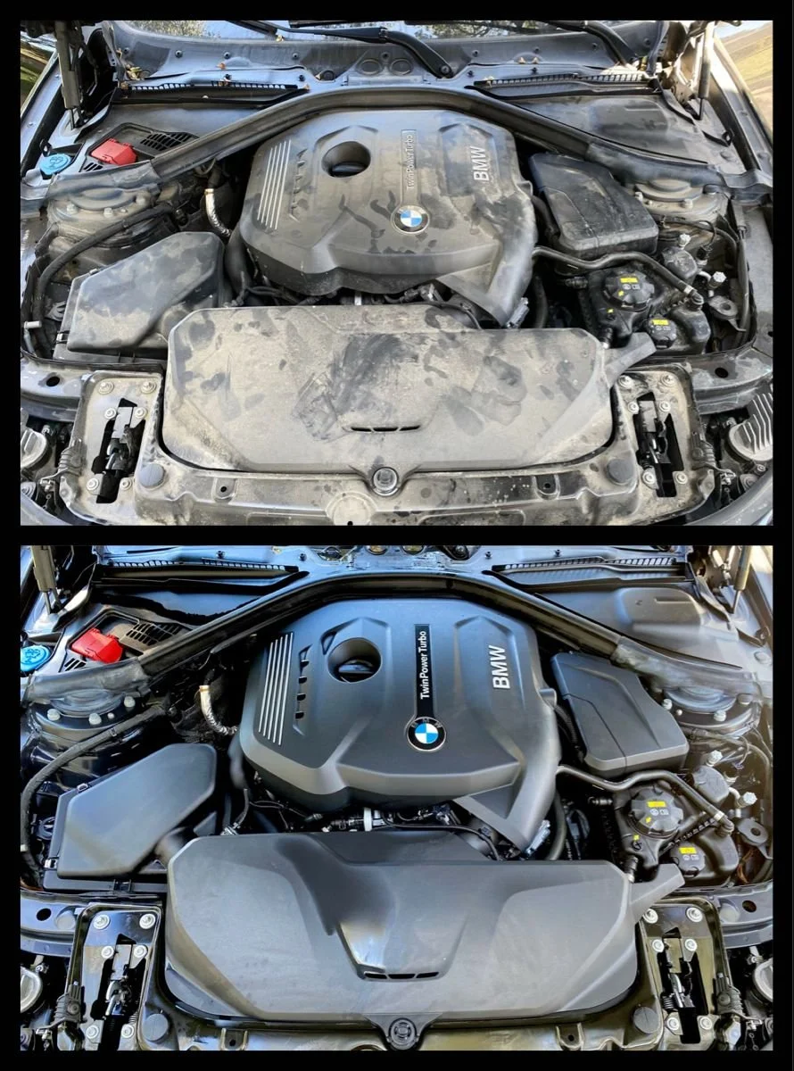 Motorwäsche Vergleich des Motorraums eines BMW - vorher schmutzig und unordentlich, nachher sauber und modernisiert.