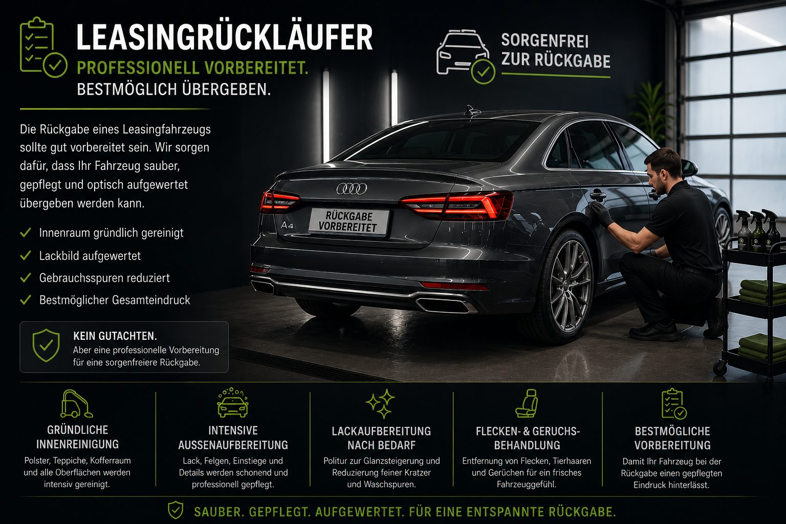 Ein schwarzes Auto, offensichtlich ein Audi A4, steht in einer modernen Autoreinigungshalle. Neben dem Auto kniet eine Person in schwarzen Kleidung und Handschuhen, die das Fahrzeug reinigt. An der Wand sind Informationen über die Fahrzeugrückgabe nach Leasing, mit grünen und weißen Texten sowie Icons zu Reinigung und Pflege.