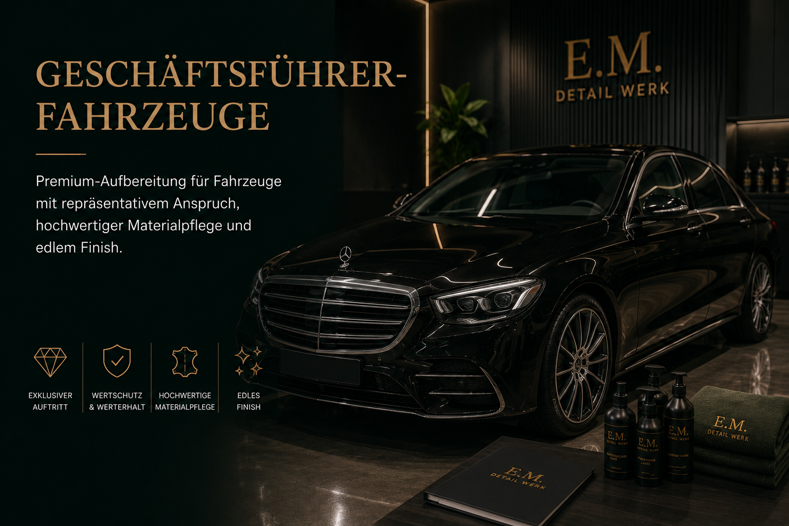 Mobile Fahrzeugaufbereitung Schwarzer Mercedes-Benz in einer Autopflegewerkstatt mit E.M. Detail Werk-Produkten auf dem Tisch und schwarzem Hintergrund.