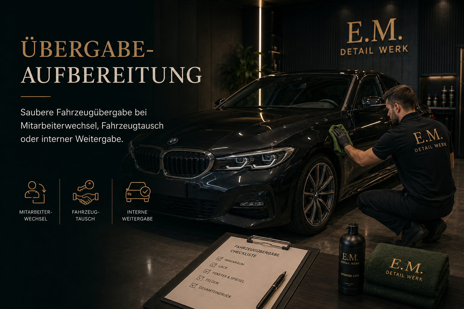 Ein Mann poliert einen schwarzen BMW in einer Autowerkstatt mit der Aufschrift E.M. DETAIL WERK. Auf der linken Seite steht deutscher Text über Fahrzeugübergabe, begleitet von Symbolen für Mitarbeiterwechsel, Fahrzeugtausch und interne Weitergabe. Vor dem Auto liegt eine Checkliste für Fahrzeugübergabe, daneben Pflegeprodukte mit E.M. Branding.
